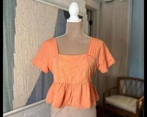 Midnight Sky Orange Embroidered Eyelet Square Neck Peplum Top